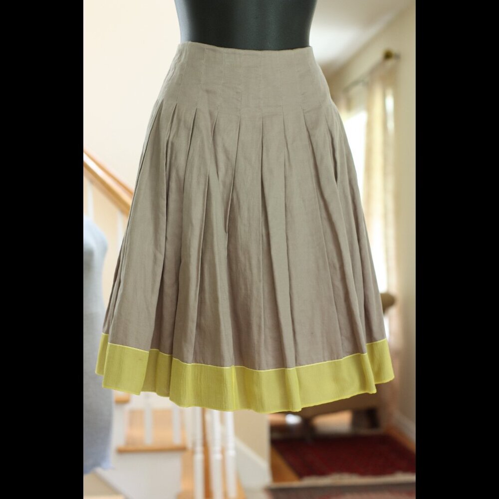 PRADA Tan and Lime Green Stripe Pleated Skirt